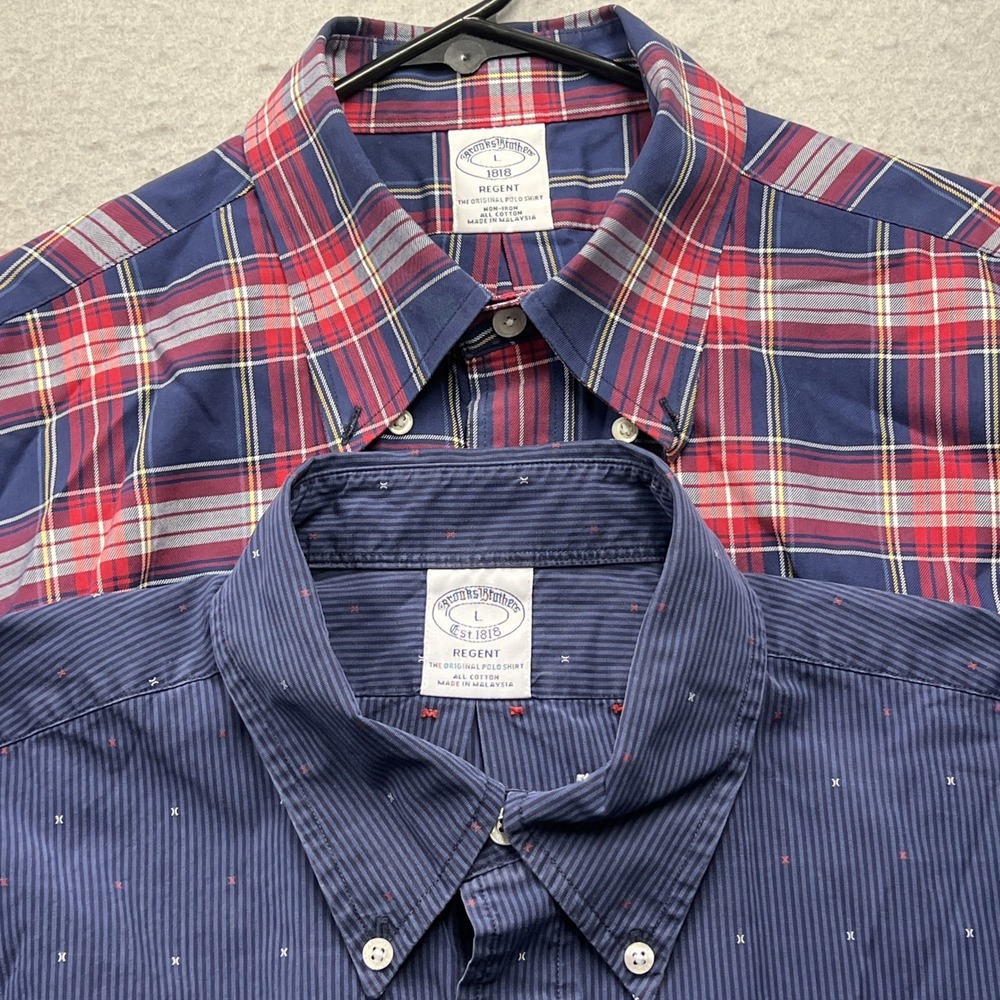 Lot Of 2 Brooks Brothers Regent‎ Mens L Button Down Red Plaid and Blue AOP
